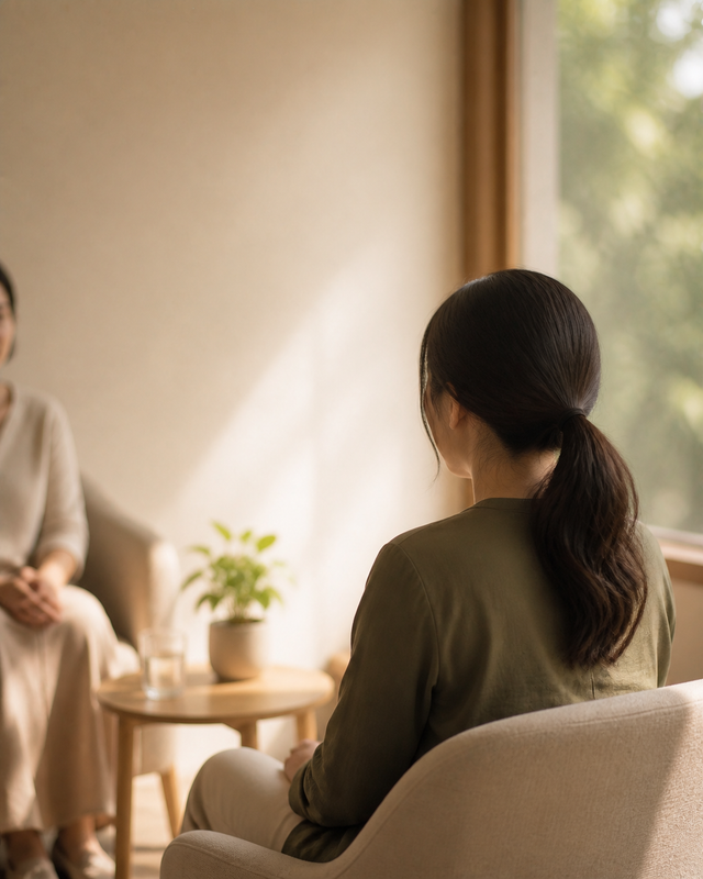 A private counselling conversation in a calm setting