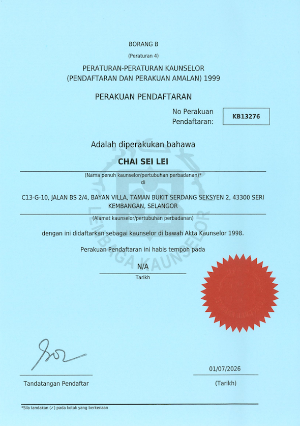 Counsellor Certificate of Registration KB13276