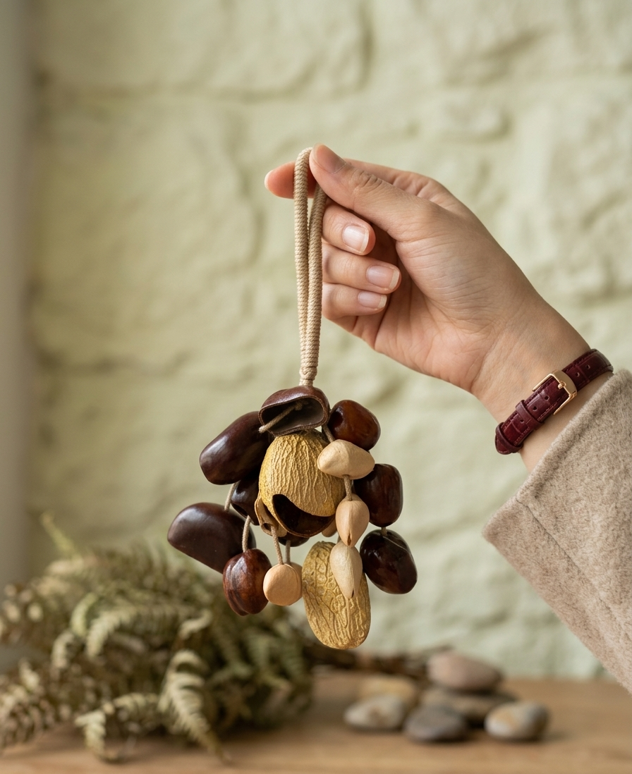 A hand holding a handmade natural seed-and-shell sound charm